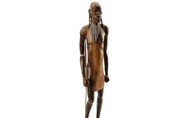 African Wood Carved Figure with Spear.
