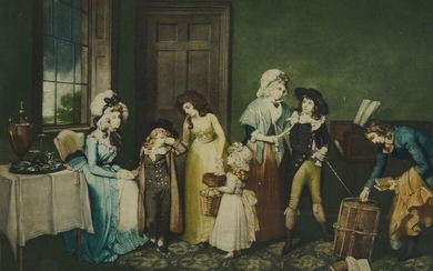 After John Jones, British 1745-1797- Black Monday or the Departure for School, and Dulce Domum or the Return from School, after William Redmore Bigg; facsimiles printed in colours after the original mezzotints, a pair, ea. 49.5 x 62 cm: After...