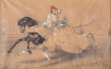 Alfred de DREUX (1810-1860), Le baiser à cheval, crayon noir et rehaut de gouache sur...