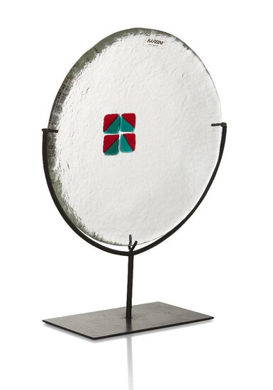 Alfredo Barbini (1912-2007), a textured clear and internally decorated glass dish, on metal stand, circa 1975-1980, glass, lacquered metal, engraved 'Barbini Murano', together with applied Manufacturer's label, 24cm diameter