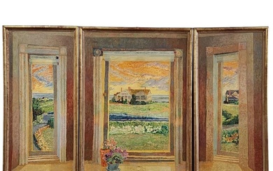 American New York-Lilian MacKendrick 1906-1987 Landscape Painting 3 Panels RARE