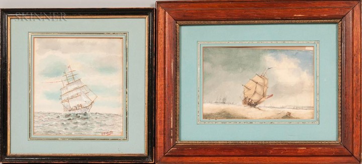 American School, 20th Century Two Framed Maritime Watercolors: American Ship and Ship Near the Coast. American signed "E.P.O. Jr" l.r.