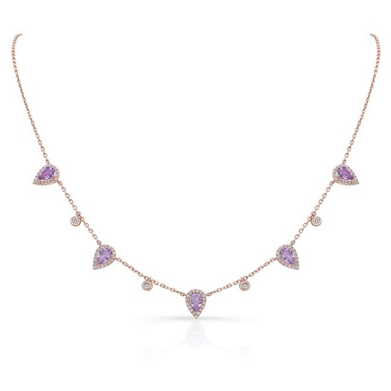 Amethyst And Diamond Teardrop Halo And Round Bezel Station Necklace In 14k Rose Gold (6x4mm) 16-18