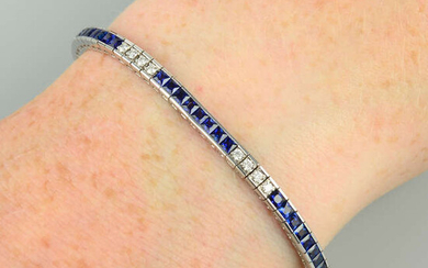 An 18ct gold calibre-cut sapphire and brilliant-cut diamond line bracelet.