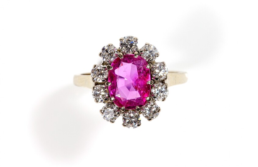 An 18k white gold ruby and diamond cluster ring, A. B. Hartman, The Hague