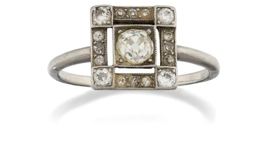 An Art Deco diamond ring, the central old-brilliant cut diamond claw-set within a square millegrain frame to an openwork square border pave-set with old-cut diamonds, c.1920, ring size approx. O½