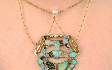 An Arts & Crafts gold opal mosaic and pearl necklace, attributed to Archibald Knox for Liberty &