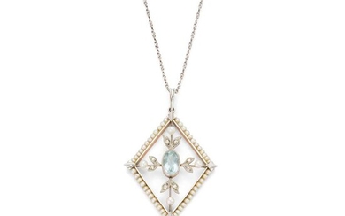 An Edwardian aquamarine and seed pearl pendant