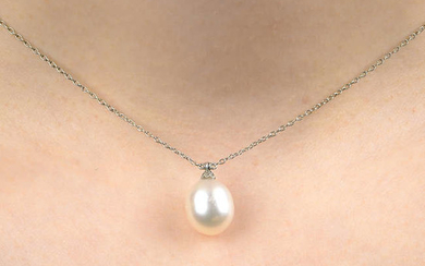 An Edwardian platinum, natural pearl pendant, on necklace with square-shape old-cut diamond clasp.