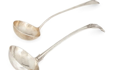 An Edwardian silver King's pattern ladle, London, 1902, Josiah Williams & Co., together with an earlier silver example, marks rubbed, possibly c.1780, of Old English pattern design with shell terminal, total weight approx. 16.5oz (2)