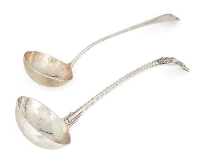 An Edwardian silver King's pattern ladle, London, 1902, Josiah Williams & Co., together with an earlier silver example, marks rubbed, possibly c.1780, of Old English pattern design with shell terminal, total weight approx. 16.5oz (2)