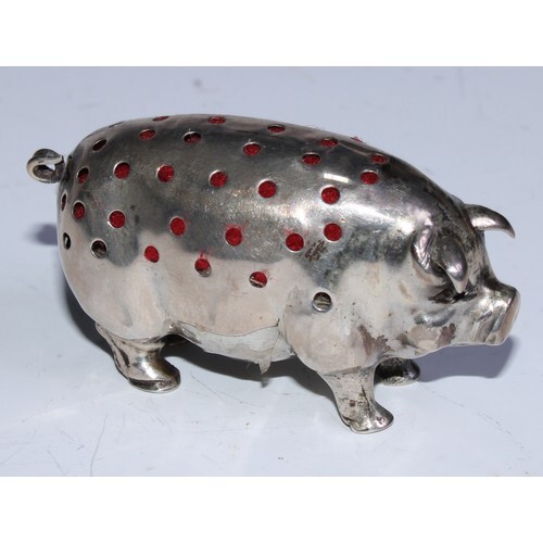 An Edwardian silver novelty pin cushion, as a pig, pierced b...