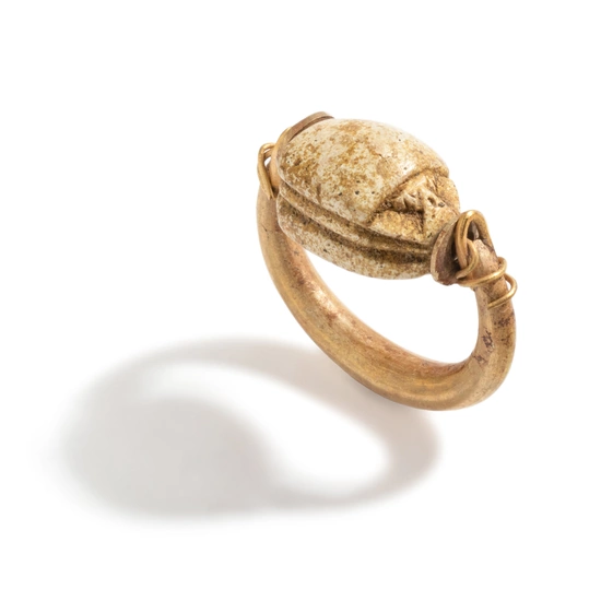 An Egyptian Gold and Steatite Scarab Swivel Ring