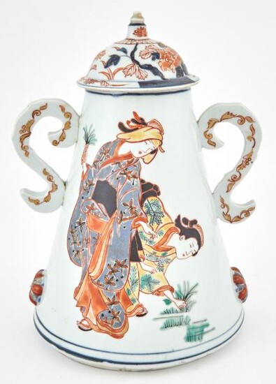 An Unusual Japanese Imari-Palette Hizen Porcelain Twin-Handled Vase and Cover