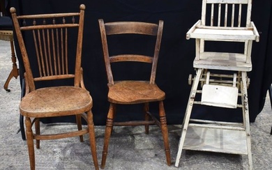 An antique Farmhouse wooden scroll back chair together another chair and a Metamorphic childs high c