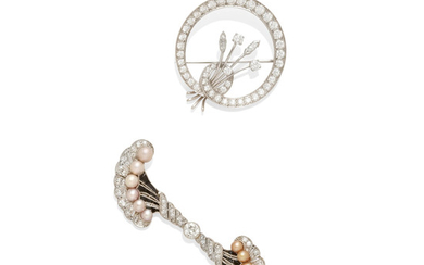 An art deco diamond and cultured pearl brooch together with a diamond circle brooch