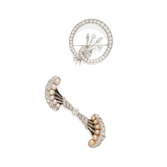 An art deco diamond and cultured pearl brooch together with a diamond circle brooch