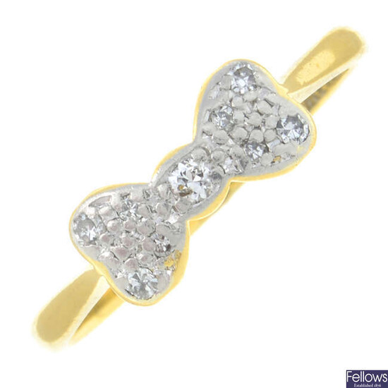 An early 20th century 18ct gold and platinum brilliant and single-cut diamond bow ring.
