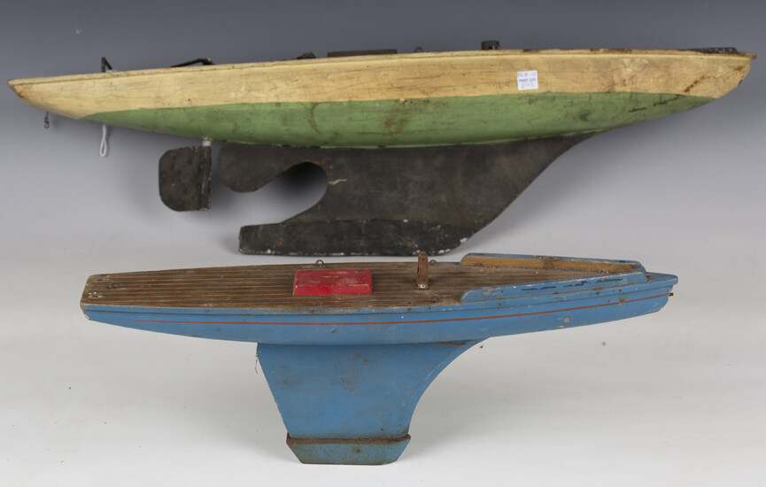 An early/mid-20th century painted wooden pond yacht with weighted keel, length 70cm, together with a
