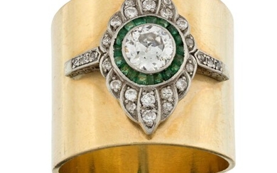 An emerald and diamond band ring, the central collet-set old brilliant-cut diamond to calibre emerald border within shaped marquise pave diamond mount, hoop unmarked, approx. ring size W
