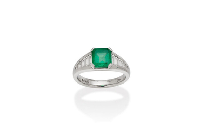 An emerald and diamond platinum ring,, by Bunda