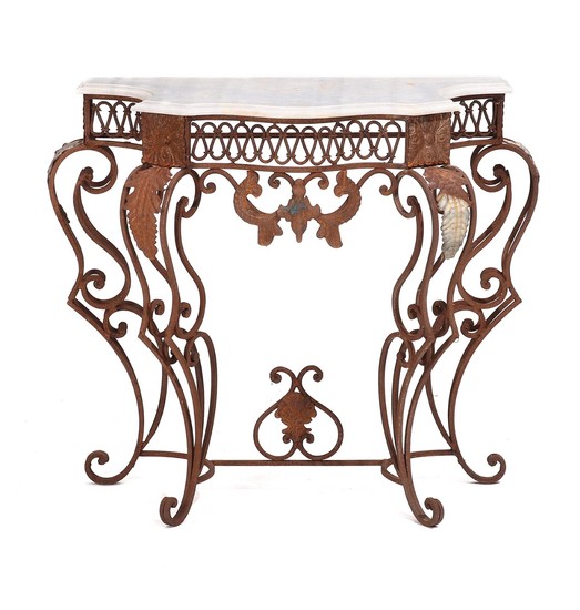 An iron console decorated with foliage, white marble top. 20th-21st century. H. 81. L. 97. W. 45 cm.