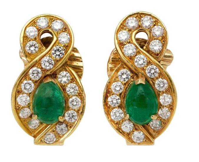 An pair of emerald and diamond cluster earrings, Vourakis, each designed as a figure of 8 motif encircling a cabochon emerald framed by brilliant-cut diamonds, signed Vourakis, clip fittings.