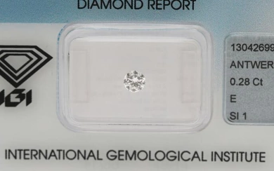 An unmounted brilliant-cut diamond weighing 0.28 ct. Colour: River (E). Clarity: SI1....