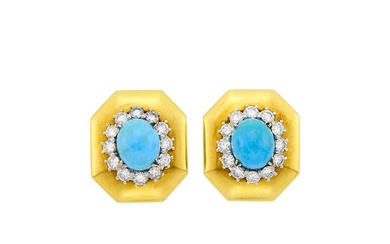 Andrew Clunn Pair of Gold, Turquoise and Diamond Earclips