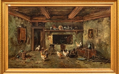 Andrew W. Melrose (Scottish-American, 1836-1901) Oil on Canvas, Ca. 1900, "Interior with Chickens"