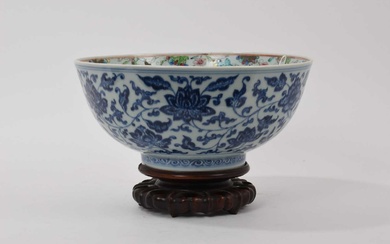 Antique Chinese porcelain blue and white and famille rose bowl (with wooden stand)