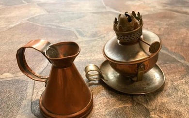 Antique Copper Pair, Lamp, Pitcher