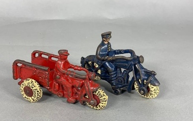 Antique Hubley Cast Iron Toy "Crash Car" Motorcycle & Vintage Champion Cast Iron Police Motorcycle