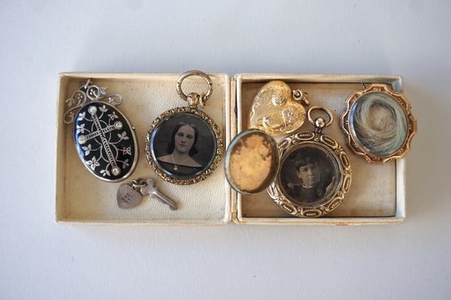 Antique Victorian mourning lockets, pendants group