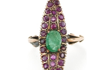 Antique unmarked gold ruby and emerald navette ring, the eme...