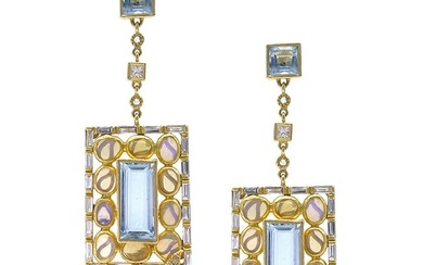 Aquamarine and Opals Dangle Earrings with 2.99 Diamonds