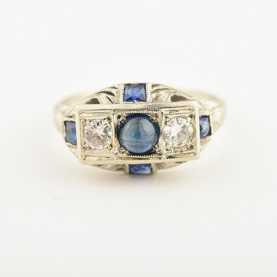 Art Deco Sapphire, Diamond, 18k White Gold Ring.