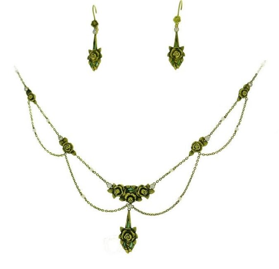 Art Nouveau Enamel Gold NECKLACE and EARRINGS Set with