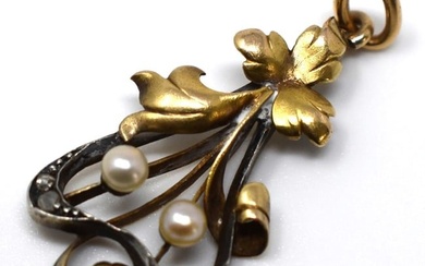 Art Nouveau gold, seed pearl and diamond pendant
