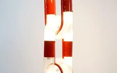 Attr. a Carlo Nason per Mazzega, Murano, anni '70, lampadario in vetro pulegoso, struttura in metallo laccato rosso, cm h 121, (lievi difetti sulla struttura metallica)