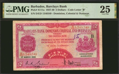 BARBADOS. Barclays Bank D.C.O. 5 Dollars, 1937-40. P-S111a. PMG Very Fine 25.