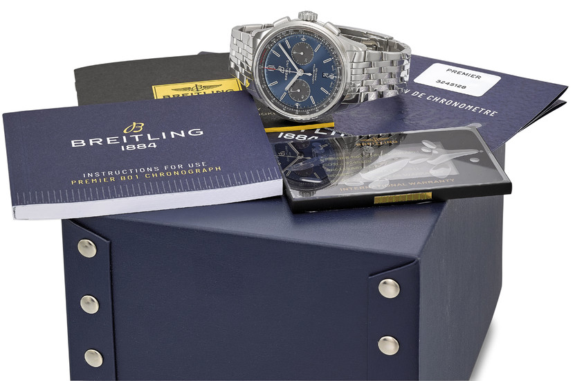 BREITLING. A STAINLESS STEEL AUTOMATIC CHRONOGRAPH WRISTWATCH WITH DATE, BRACELET, INTERNATIONAL WARRANTY AND BOX, SIGNED BREITLING, 1884, CHRONOMETER, PREMIER, REF. AB0118, CASE NO. 3’245’128, CIRCA 2019