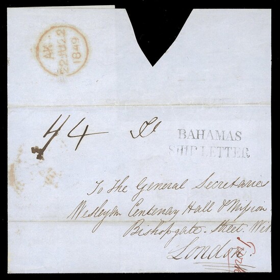 Bahamas Early Letters 1849 (10 Apr.) wrapper (slightly truncated at right) from Turks Island to...