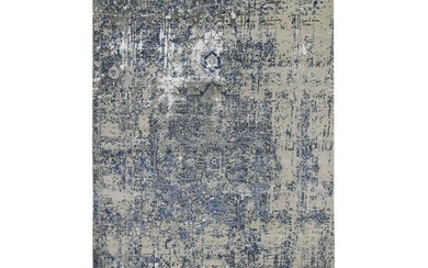 Blue-Gray Erased Heriz Design Pure Wool and Silk