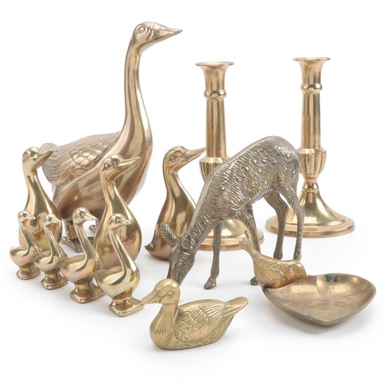 Brass Duck and Deer Figurines with Trinket Dish and Pair of Candlesticks