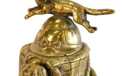 Brass Inkwell, having fox jumping over a hat and a dog