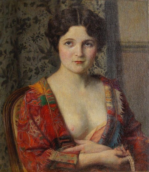 British School, early 20th century- portrait of a woman, seated, in a red robe; oil on canvas, 59 x 49.5 cm (unframed)