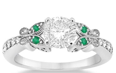 Butterfly Diamond and Emerald Engagement Ring 14k White Gold 1.20ctw
