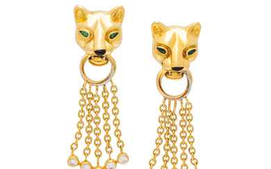CARTIER, YELLOW GOLD, DIAMOND, EMERALD, AND ONYX 'PANTHÈRE' EARRINGS