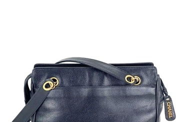 CHANEL Vintage Black Caviar Leather CC Zip Tote Shoulder Bag Gold
